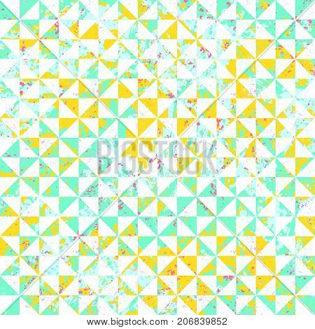 Small geometric abstract mosaic pattern with triangles and simple shapes in bright colors for fall winter fashion. Abstract dynamic retro tiles background. Seamless simple grunge micro vector print