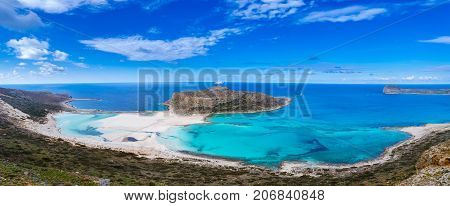 Amazing view of Balos Lagoon with magical turquoise waters, lagoons, tropical beaches of pure white sand and Gramvousa island on Crete, Greece