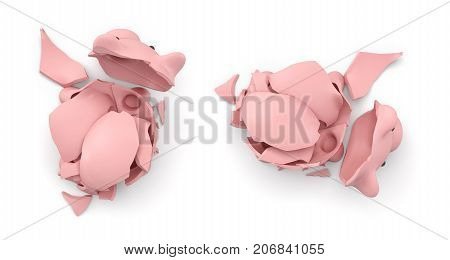 3d rendering of a pink ceramic piggy bank completely broken up into several large pieces in top view. Saving money. Bank insurance. Loss of investment.