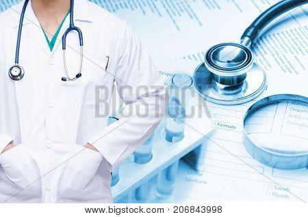 smart doctor with a stethoscope and stethoscope laboratory test tube magnifying glass and medical information form background people laboratory science chemical and medical research concept