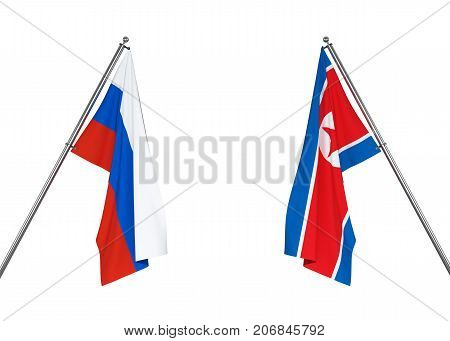 Russia flag and North Korea flag on white background with clipping path. 3D illustration