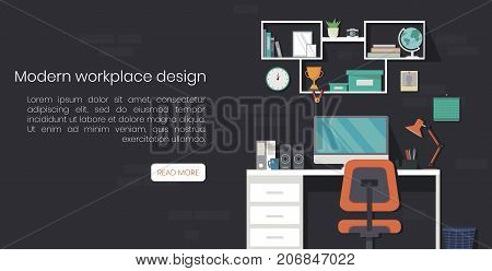 Concept of modern workspace with table, chair, shelves and computer. Flat design vector illustration. Minimalistic home interior design. Good for website, banner, promotional materials and mobile app.