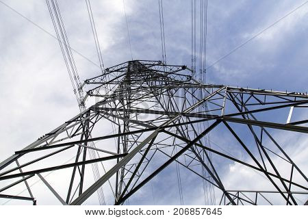 Dramatic angle perspective looking up at an electricity pylon from directly below