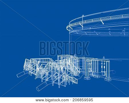 Oil storage tank. Vector rendering of 3d. Wire-frame style. The layers of visible and invisible lines are separated