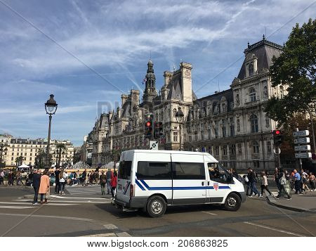 Paris France, 23 September 2017:  Police van in front of Paris City Hall Hotel de Ville waiting for an intervention