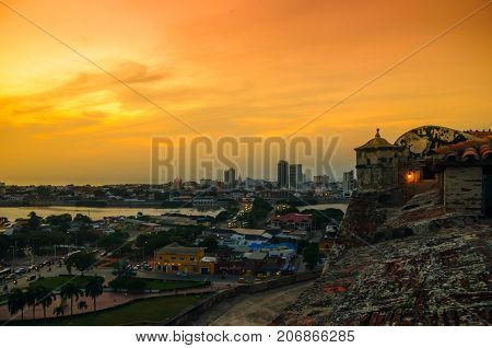 View over cityscape of Cartagena from fortress San Felipe - Colombia