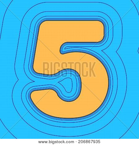 Number 5 sign design template element. Vector. Sand color icon with black contour and equidistant blue contours like field at sky blue background. Like waves on map - island in ocean or sea.