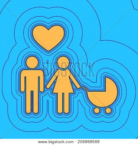 Family symbol with pram and heart. Husband and wife are kept each other's hands. Love. Vector. Sand color icon with black contour and equidistant blue contours like field at sky blue background. Like waves on map - island in ocean or sea.