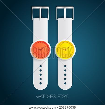 Realistic watches template with gray leather wristlets red and orange dials isolated vector illustration