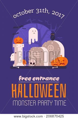 Halloween invitation card with haunted graveyard with spooks, bats and pumpkins. Halloween monster party flyer with old gothic ghost cemetery.