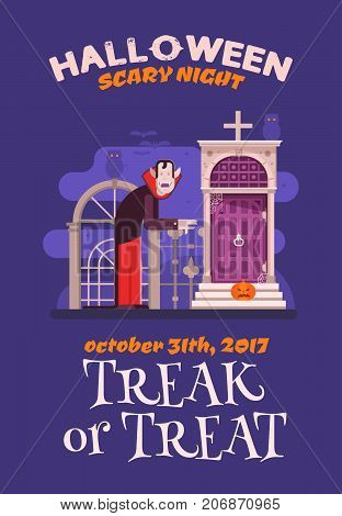 Halloween invitation card with Dracula standing on cemetery gates. Halloween party flyer with cartoon vampire grave or crypt entrance by moon night.