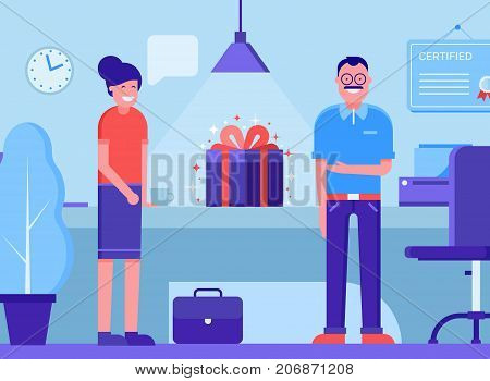 Office presentation concept illustration with man and woman presenting new features or product. Office managers congratulating the employees with gift box on table.