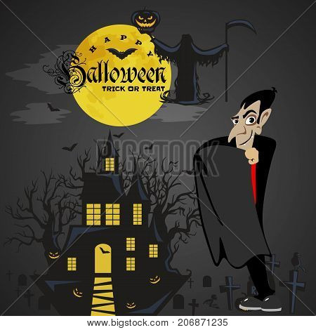 Halloween backgrounds sat with vampire and their castle under the full moon and cemetery, Dracula with fangs teeth, monster in a coffin flat vector illustrations, good for Halloween party invitation or flyer, greeting card, trick or treat decoration