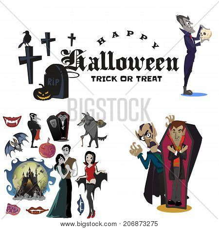Halloween backgrounds sat with vampire and their castle under the full moon and cemetery, Dracula with fangs teeth, monster in a coffin flat vector illustrations, good for Halloween party invitation or flyer, greeting card, trick or treat decoration
