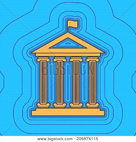 Historical building with flag. Vector. Sand color icon with black contour and equidistant blue contours like field at sky blue background. Like waves on map - island in ocean or sea.