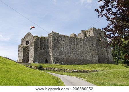 Swansea, UK: June 23, 2016: Oystermouth Castle has recently had essential conservation work. The restoration work was supported by the Heritage Lottery Fund, Cadw and Friends of Oystermouth Castle.