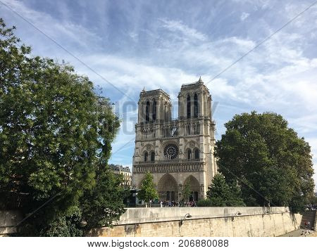Front view of Notre-Dame de Paris Catholic cathedral on Ile de la cite island France