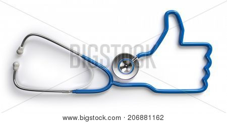 Stethoscope and like thumb up finger isolated on white background. 3d illustration