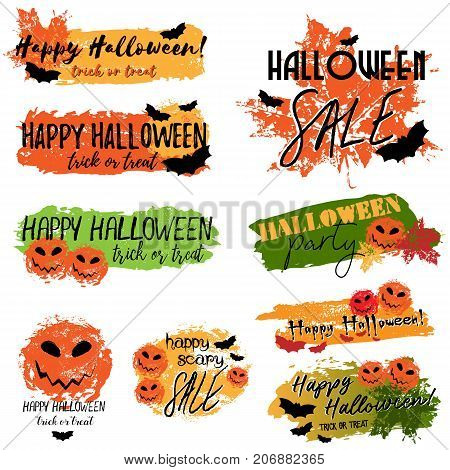 Happy Halloween grunge banners with lettering and brush drawn elements and prints on white background. Trick or treat. Vector illustration