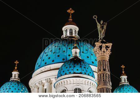 Night View Domes With Stars Of The Troitsky Cathedral In Saint-petersburg