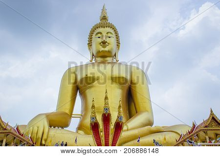 The big golden Buddha statue in Muang temple, Ang Thong, Thailand.