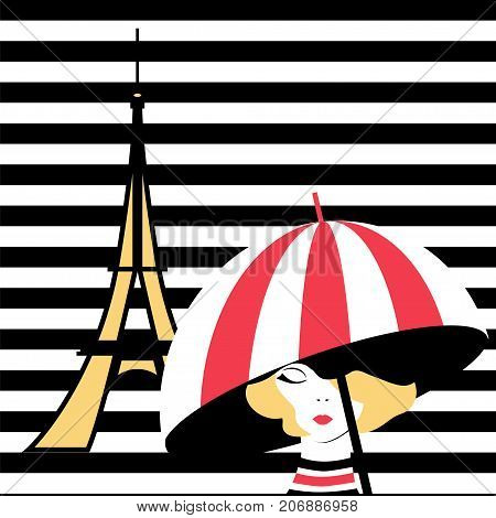 Fashion pop-art girl with umbrella in Paris. Stock vector illustration on black and white stripped background for glamour lifestyle in minimalistic style.