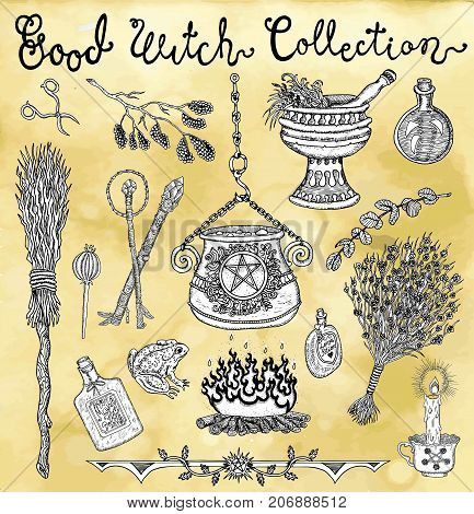 Collection with witch objects for Halloween - magic pot, herbs, broomstick, potion. Graphic vector engraved illustration with design elements for posters, invitations