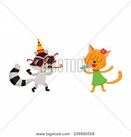 vector flat cartoon cheerful animals character happily smiling in paty hat set. Cat in dress singing at microphone, raccoon having fun whistling . isolated illustration on a white background.