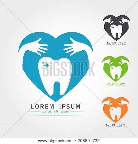Logotype Tooth Icon in heart with hand hug concepton white background Vector illustration