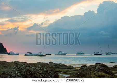Rocky Beach At Sunset. Beautiful Gold Sundown At Rocky Coast. Selective Focus