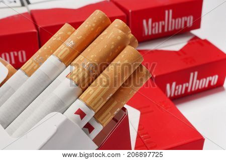 Prague, Czech Republic- May 10, 2017. Cigarette Marlboro