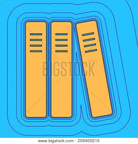 Row of binders, office folders icon. Vector. Sand color icon with black contour and equidistant blue contours like field at sky blue background. Like waves on map - island in ocean or sea.