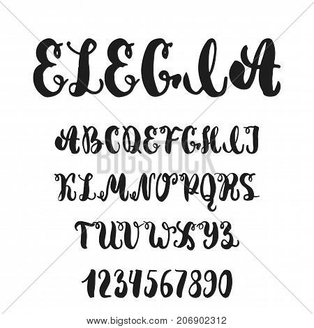 Hand drawn english lettering alphabet Elegia with examples of this font. Modern ink brush handwritten letters isolated on the white background