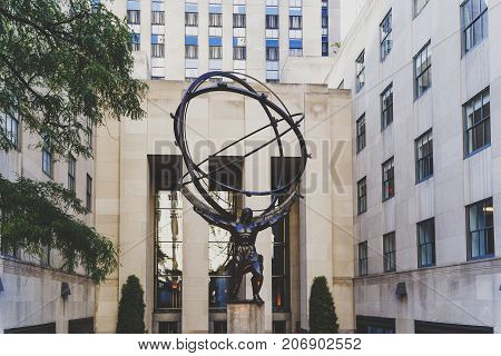 NEW YORK NY - September 4th 2017: Statue of Atlas in front of the Rockefeller Center