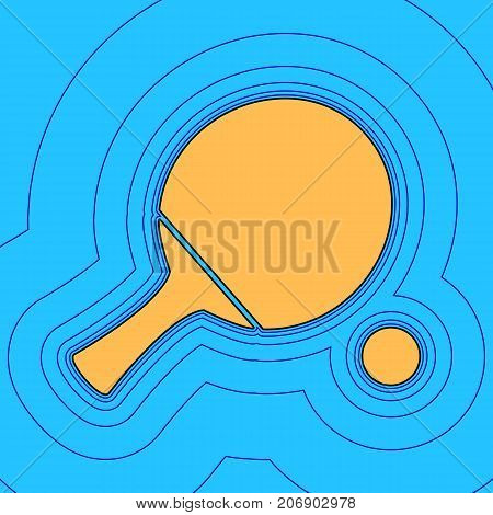 Ping pong paddle with ball. Vector. Sand color icon with black contour and equidistant blue contours like field at sky blue background. Like waves on map - island in ocean or sea.