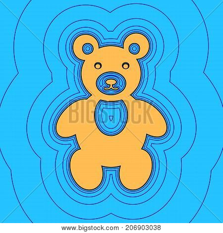 Teddy bear sign illustration. Vector. Sand color icon with black contour and equidistant blue contours like field at sky blue background. Like waves on map - island in ocean or sea.