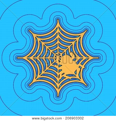 Spider on web illustration. Vector. Sand color icon with black contour and equidistant blue contours like field at sky blue background. Like waves on map - island in ocean or sea.