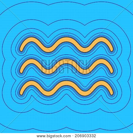 Waves sign illustration. Vector. Sand color icon with black contour and equidistant blue contours like field at sky blue background. Like waves on map - island in ocean or sea.