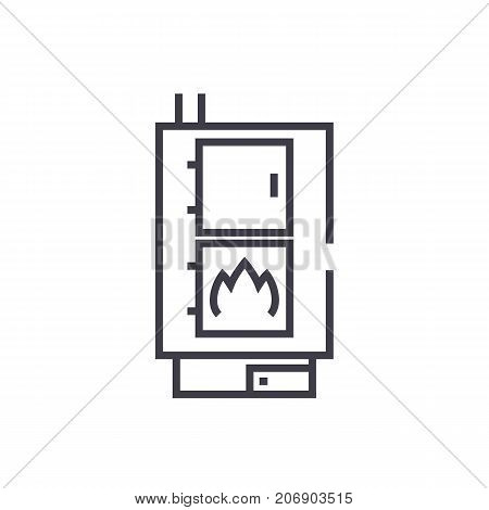 solid fuel boiler vector line icon, sign, illustration on white background, editable strokes