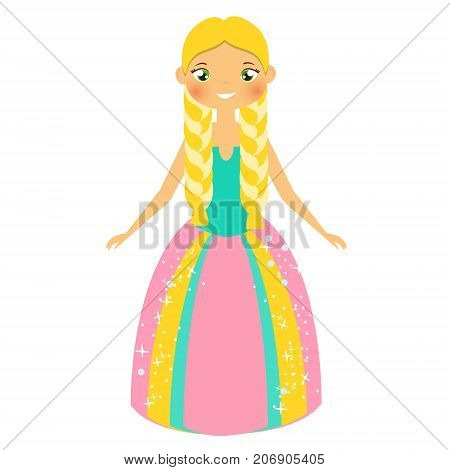 Cute fairy tale princess with blondie braids. Girl in long gown queen costume dress. Cartoon style vector illustration clip art