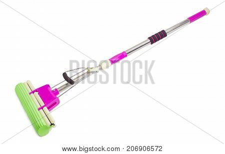 Purple plastic mop with metal tubular handle mounting clamp and green sponge on a white background