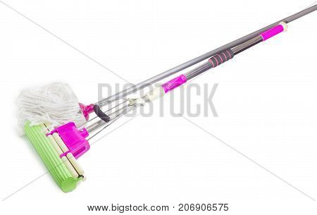 Classic mop with cotton head plastic sponge mop with mounting clamp and green sponge on metal tubular handles on a white background