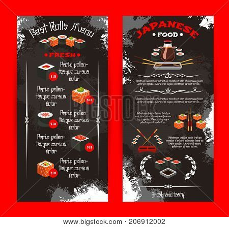 Sushi restaurant or Japanese cuisine bar menu template. Vector price set of fish sushi rolls, rice and salmon tobiko, eel or tuna sashimi and ramen noodles soup, Japanese tea, chopsticks and soy sauce