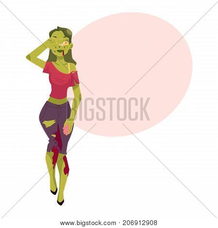 Girl, woman dressed as zombie monster, Halloween party costume, cartoon vector illustration with space for text. Woman, girl dressed as sppoky zombie, green paint, Halloween party costume