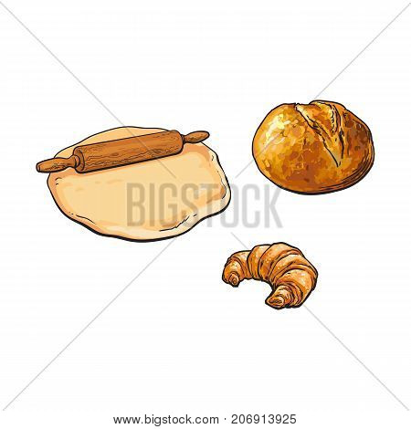 Wooden rolling pin, roller, dough and bakery products - bread and croissant, sketch style vector illustration isolated on white background. Hand drawn wooden rolling pin, dough, bread and croissant