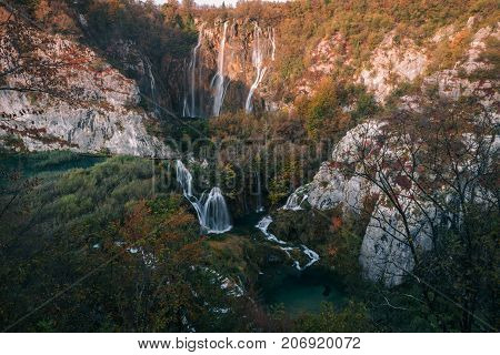 Croatia. Plitvice Lakes. View of the Great Falls autumn forest with a cascade of waterfalls