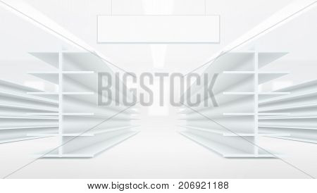 3d Supermarket Aisle With White Blank Empty Shelves. Eps10 Vector