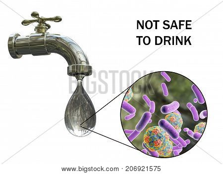 Safety of drinking water concept, 3D illustration showing tap with dirty water and close-up view of water-borne microbes