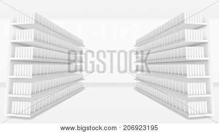 3d Supermarket Aisle With White Blank Full Shelves. Eps10 Vector