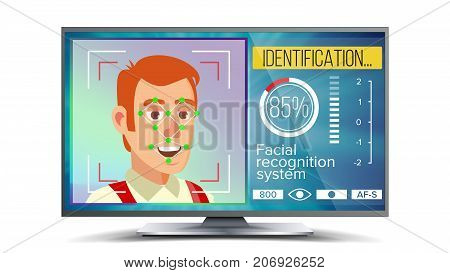 Face Recognition And Identification Vector. Face Recognition Technology. Face On Screen. Human Face With Polygons And Points. Scanning Security